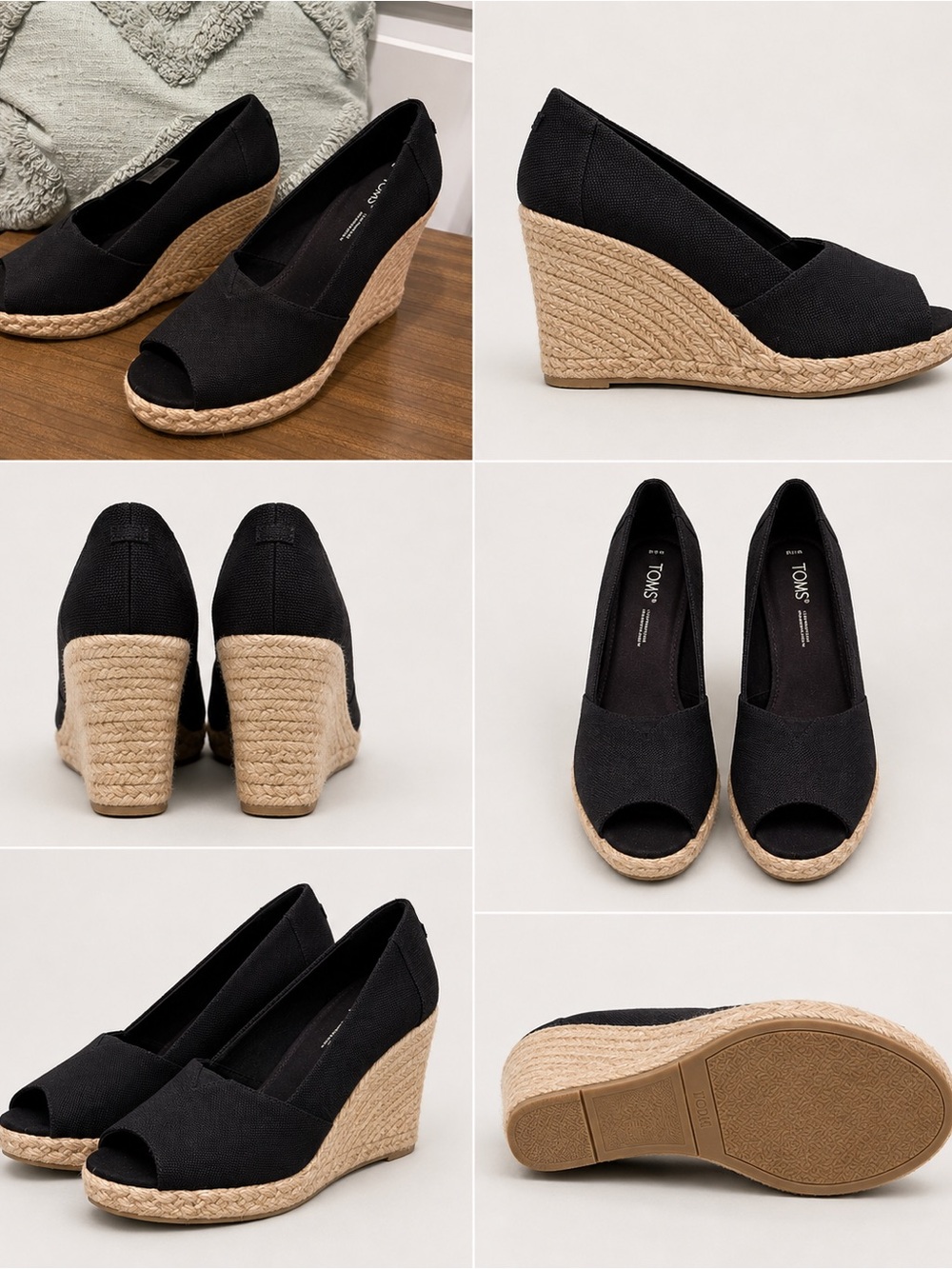 Toms Black Espadrille Wedge Peep-Toe Women’s Shoes 11W